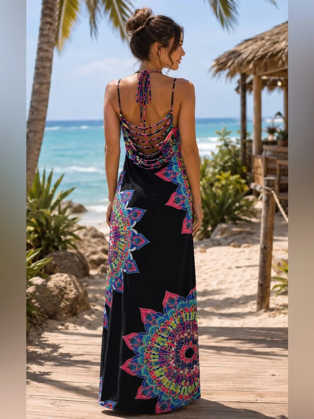 Black Colorful Mandala Dress Bohemian Vacation Resort Y2K Bodycon Halter Dress